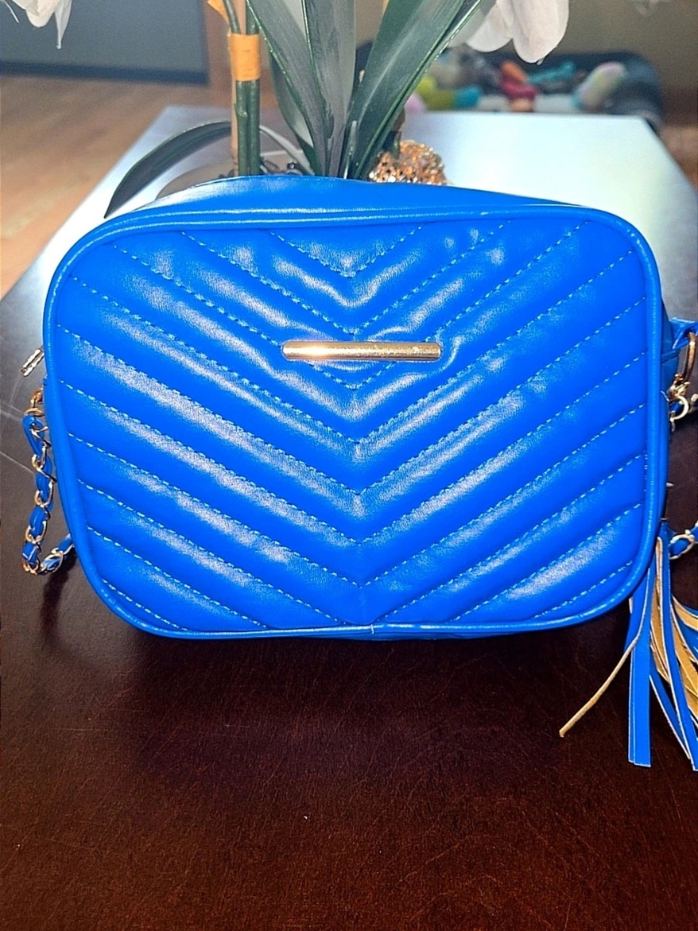 Quilted Crossbody Bag in Bright Blue with Gold Hardware